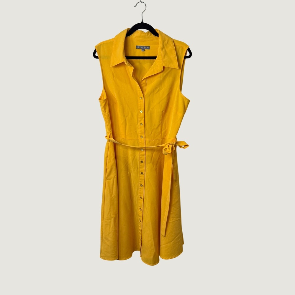 Sharagano Sleeveless Shirt Dress Yellow Button Front Size 16 Preppy Coastal Fall